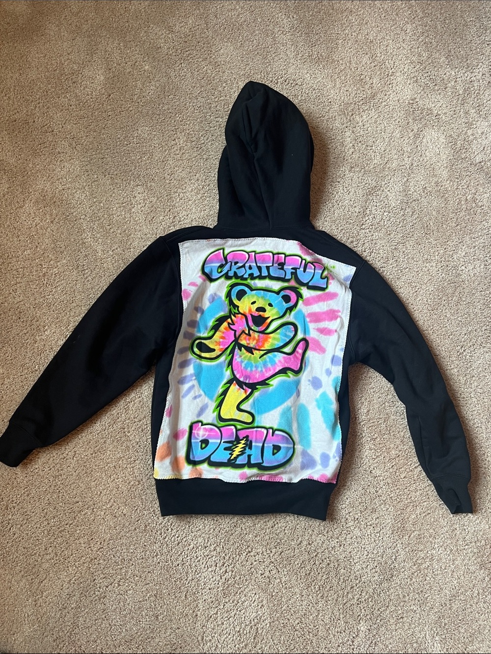 Grateful Dead Kids Black Hoodie with Neon Tie-Dye Dancing Bear